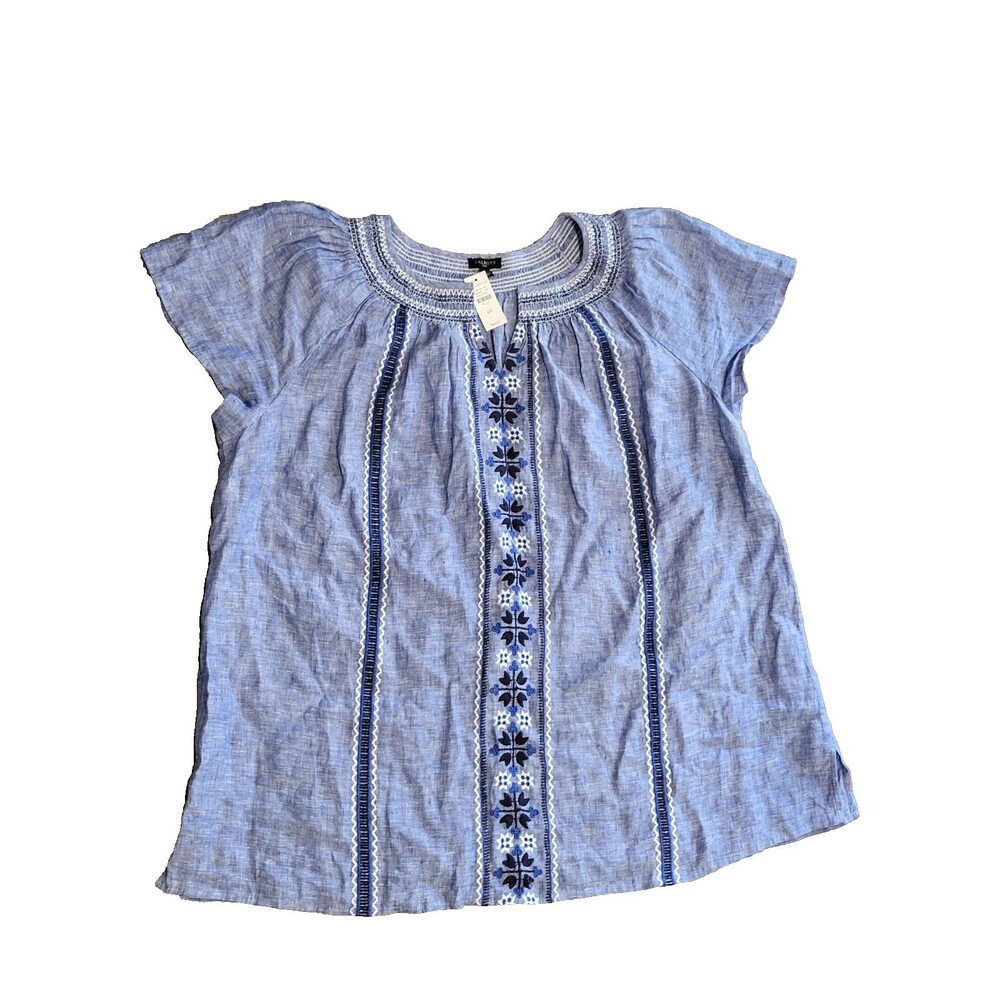 Talbots Peasant Top Boho Cottagecore 100% Linen Embroidered 2X Blue Flowy Casual